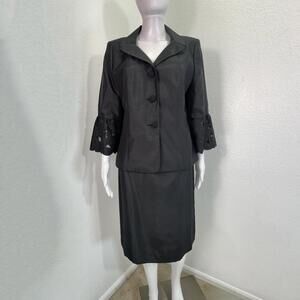 Kasper Sz 12/10 Black 2 Pc Skirt Suit Bell Sleeves Leaf Cutout Detail CorpCore
